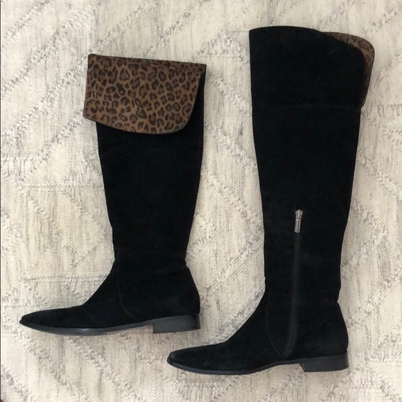 Black Over the Knee Boots with Leopard Print Fold - Picture 2 of 5